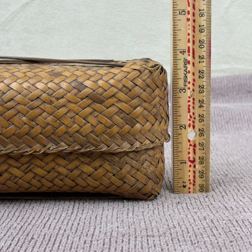 Vintage Woven Rattan Bamboo Storage Basket w Lid‎ Likely Lahu Thai Handcrafted